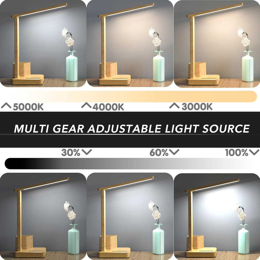 Wood LED Desk Lamp with 3 USB Charging Ports and 2 AC Outlets,3 Color Temperatures & 3 Brightness Levels, Touch/Memory/Timer Function,10W Eye Protection Foldable Reading Light,Office Table Lamp Wood