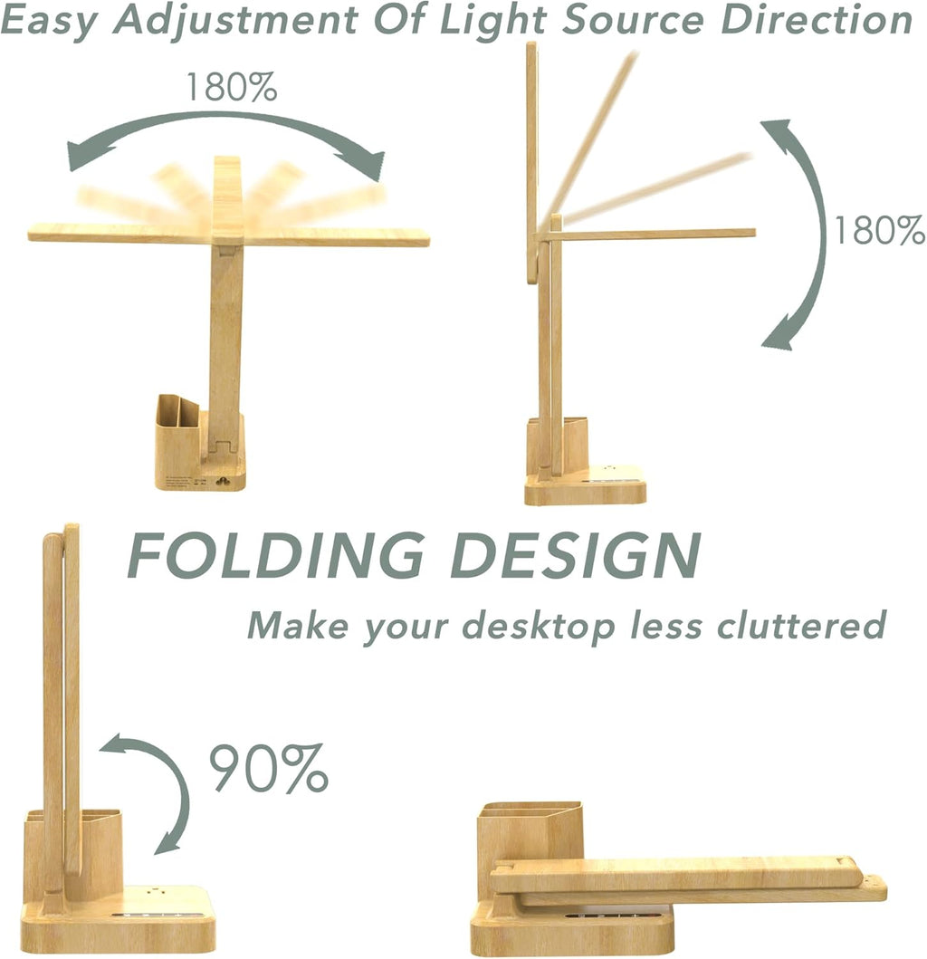 Wood LED Desk Lamp with 3 USB Charging Ports and 2 AC Outlets,3 Color Temperatures & 3 Brightness Levels, Touch/Memory/Timer Function,10W Eye Protection Foldable Reading Light,Office Table Lamp Wood