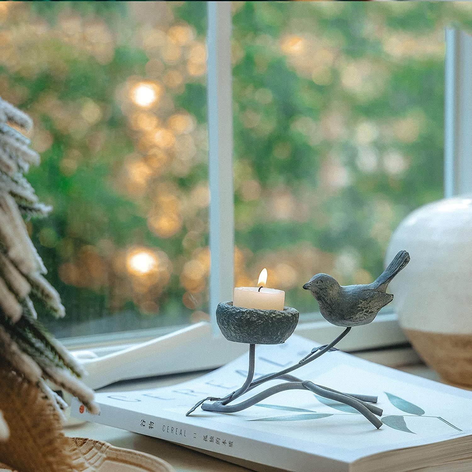 Votive Candle Holders, Vintage Home Decor Centerpiece, Iron Branches, Resin Bird and Nest, Tabletop Decorative Tealight Candle Stands,Creative Artwork (Grey Black)