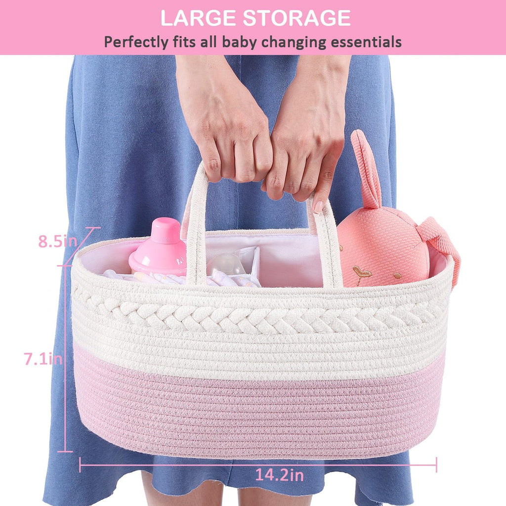 Diaper Caddy Organizer - Cotton Rope Nursery Storage Basket for Baby Essentials, Boys & Girls Shower Gift, Changing Table Organizer, Pink